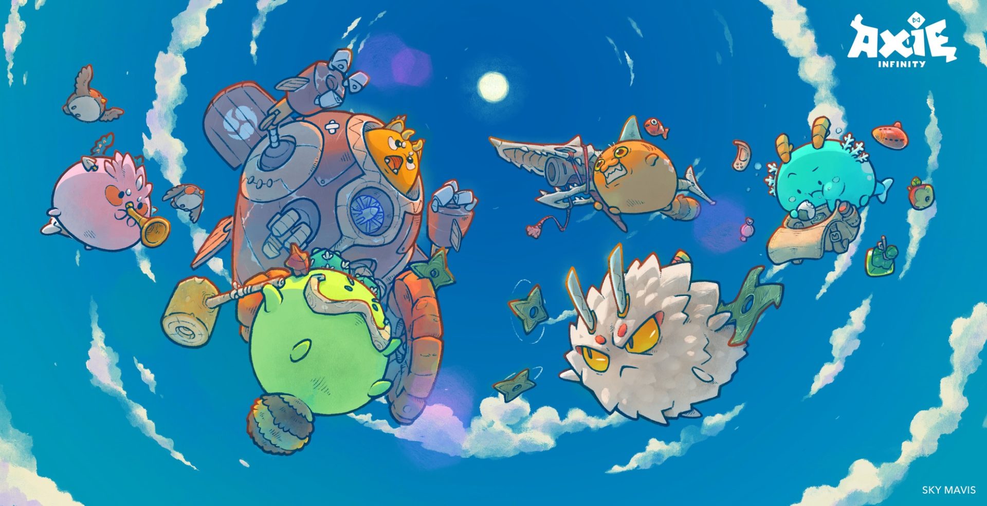 axie infinity poster with axies fighting mid-air